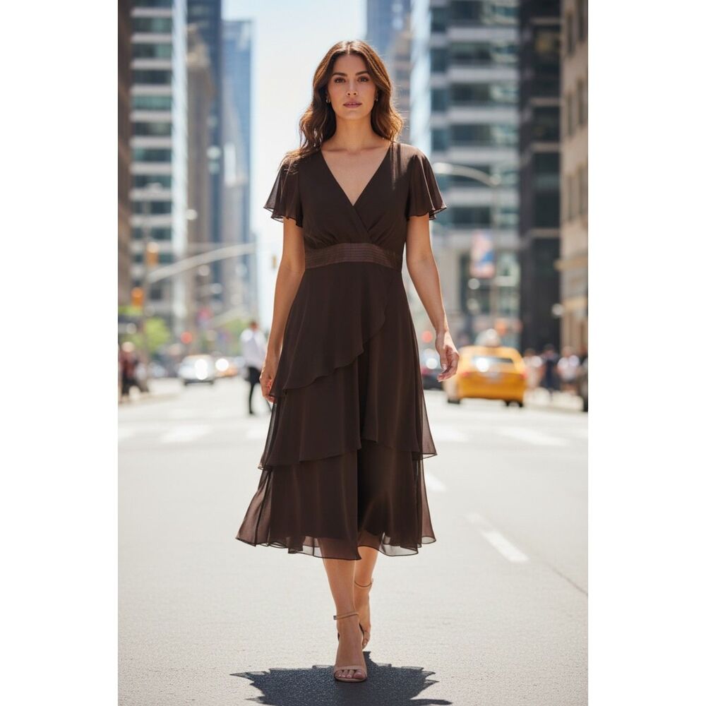 Liz Claiborne Women’s Size 10 Brown V-Neck Sleeveless Midi Dress